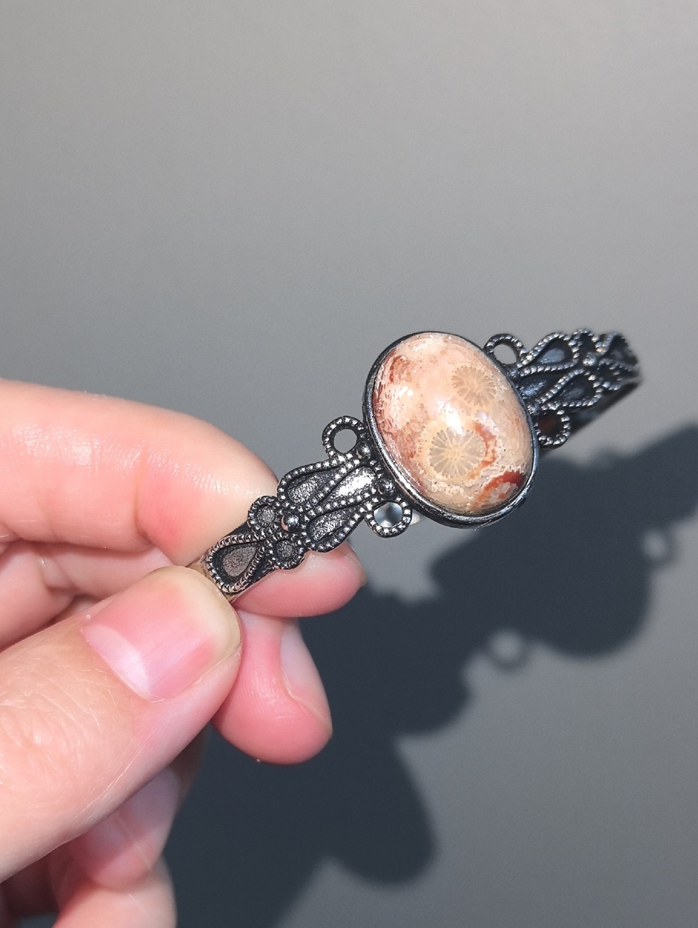 Vintage-Inspired Beige Fossil Stone Filigree Bracelet